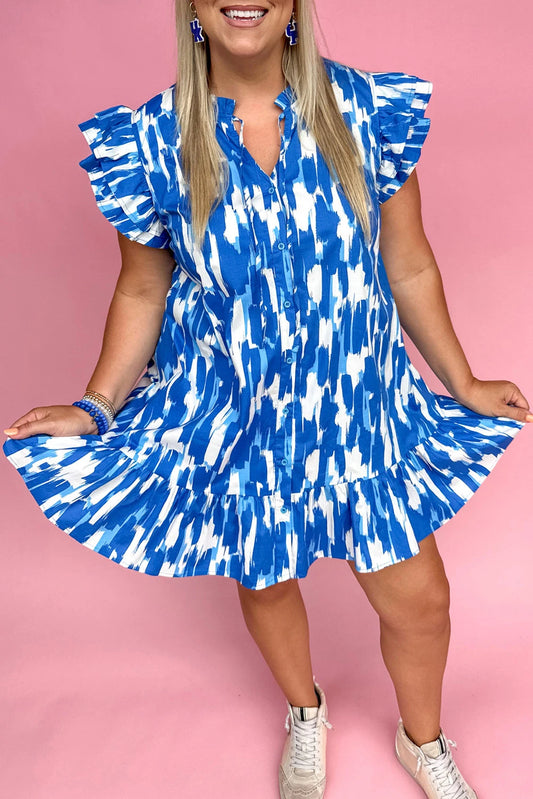 Sky Blue Plus Size Abstract Print Ruffle Flutter Sleeve Mini Dress